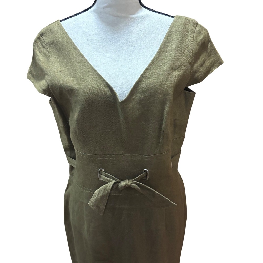 Talbots Vintage Linen Olive Green V-Neck Tie Waist Sheath Dress Size‎ 12 Womens - Picture 3 of 12